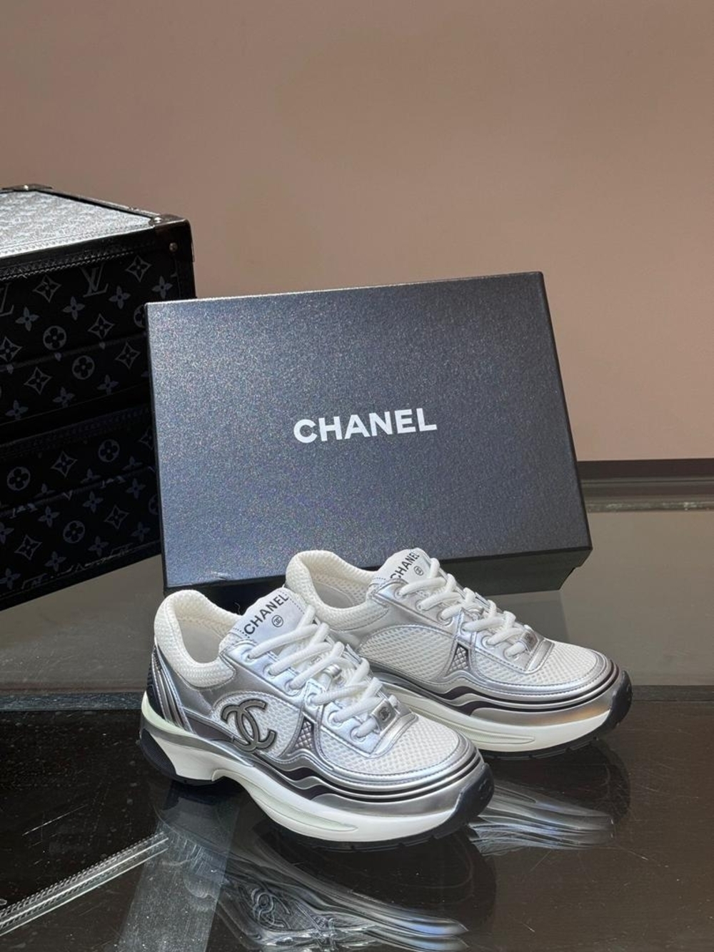CHANEL White & Silver Logo Mesh Sneakers